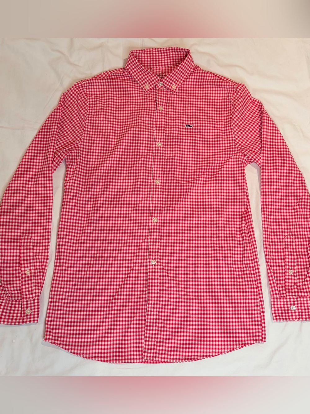 Vineyard Vines Red Gingham Performance Button Down Whale Shirt Sz L 14 EUC